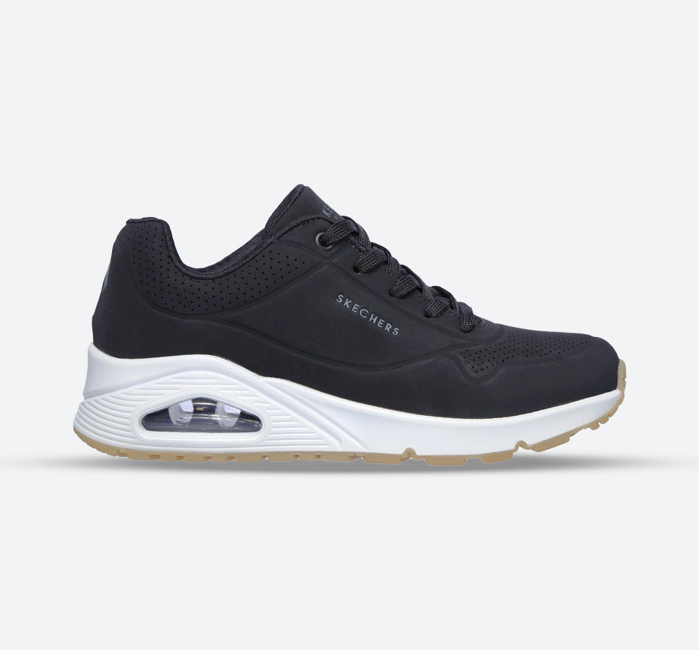 Women's Wide Fit Skechers 73690 Uno - Stand On Air Walking Sneakers - Black/White